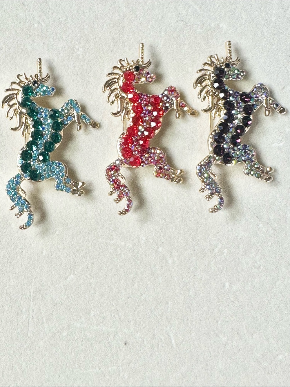 Crystal Unicorn Brooch Lot - Red, Teal, Eggplant/Purple (3 Brooches)
